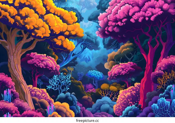 Vibrant Fantasy Forest with Neon Trees and Lush Foliage