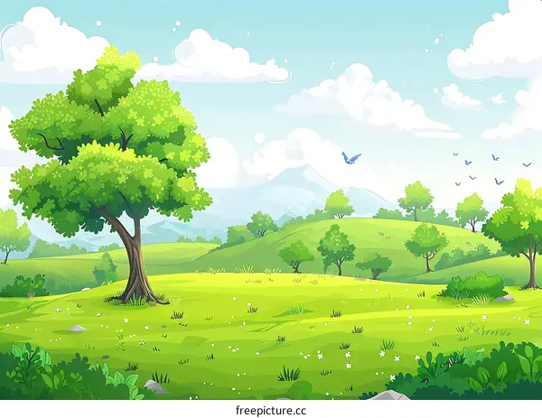Green Meadow With Blue Sky And Mountains Illustration
