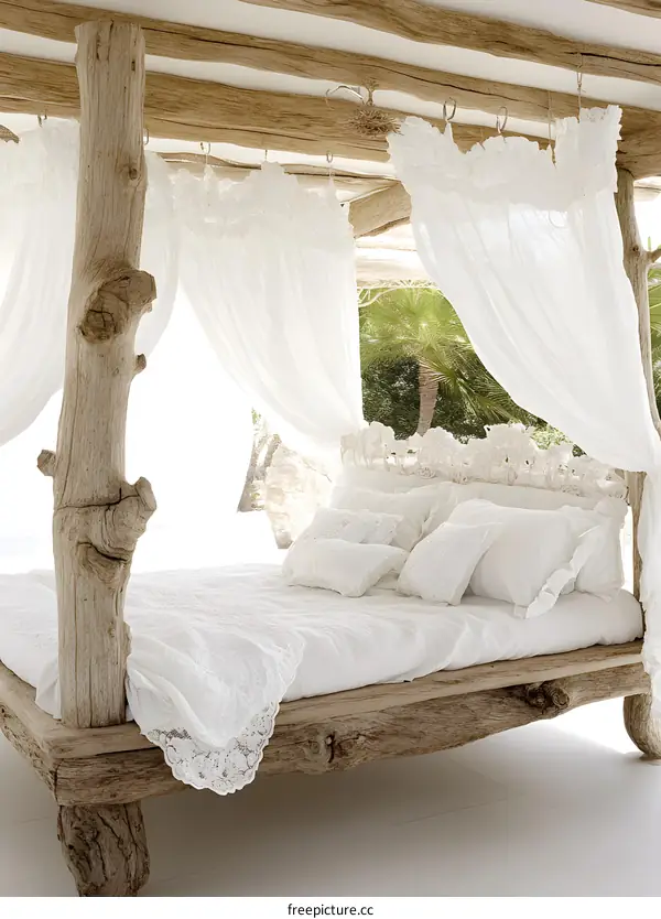 White Canopy Bed with Rustic Wood Frame