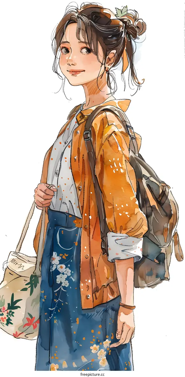 Watercolor Illustration of a Young Woman with a Backpack and a Bag