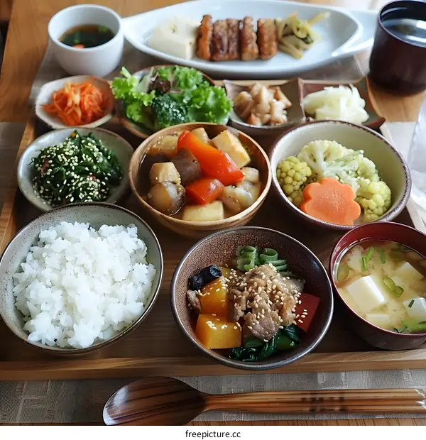 A delicious and healthy Japanese meal with rice, vegetables, and soup