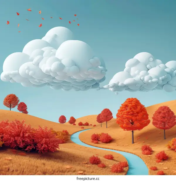 Autumnal Landscape with Fluffy Clouds