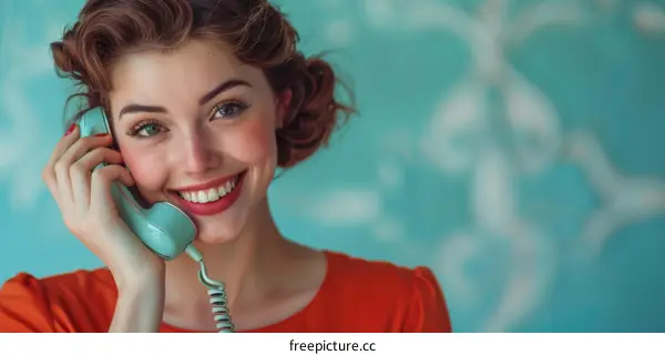 Smiling woman talking on a vintage mint green phone