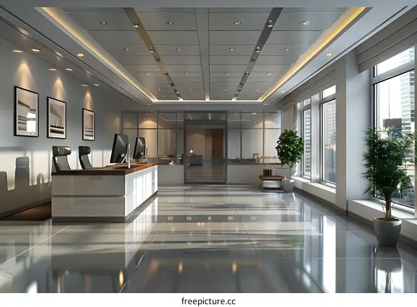 Modern office interior with large windows and a marble floor