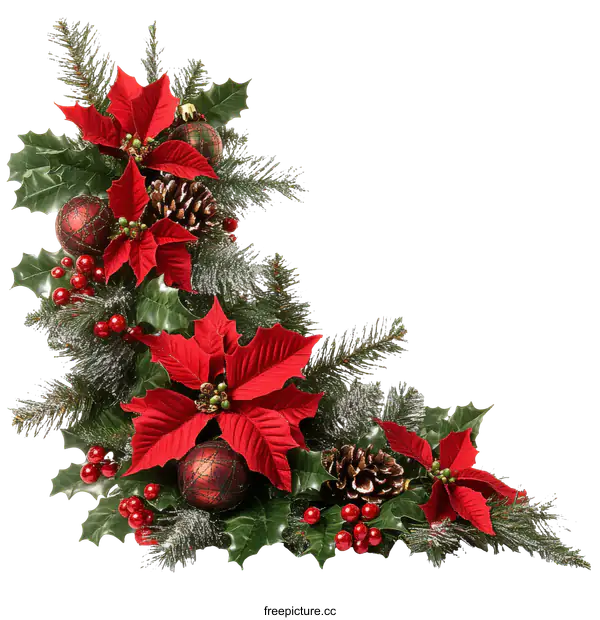 [Transparent Background PNG]Christmas Corner Decoration with Poinsettia and Holly