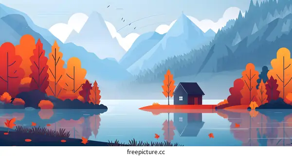 Autumn Landscape with Cabin on an Island
