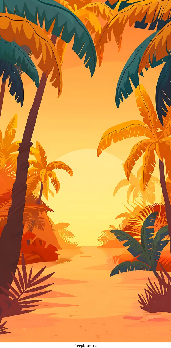 Tropical Sunset Palm Tree Illustration Background