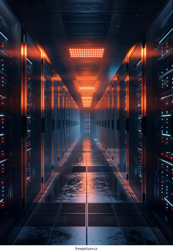Futuristic server room with supercomputers