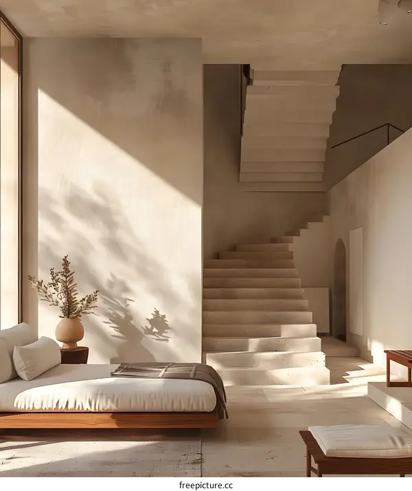 Minimalist Interior Design with Wooden Bed and Staircase