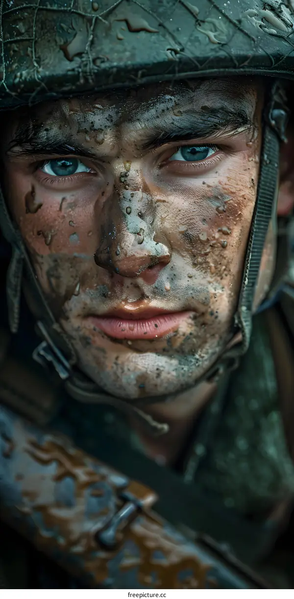 Portrait of a young soldier with mud on his face
