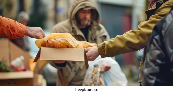 A Person Receiving a Box of Food from Another Person