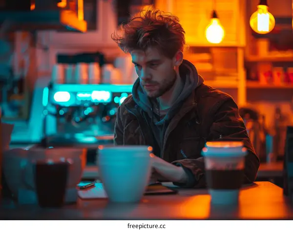 A young man sits at a bar with a laptop and a cup of coffee.