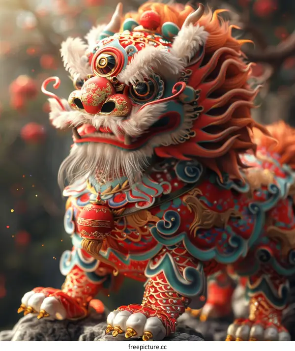 Chinese Lion Statue with Bell on Rock