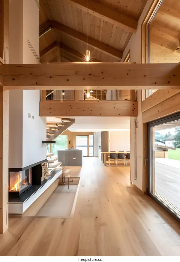 Modern Wooden House Interior Design with Fireplace