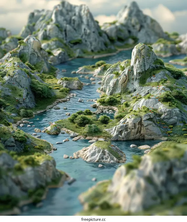 Micro Landscape with Mountains, Valleys, and a Winding River