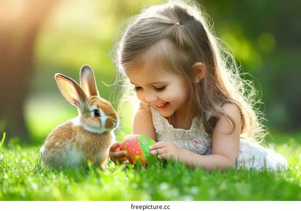 Happy Easter Girl and Bunny in the Grass