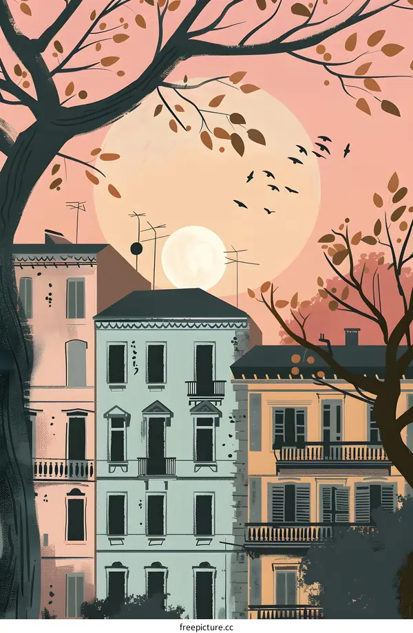 Cityscape Illustration With Sunset And Birds