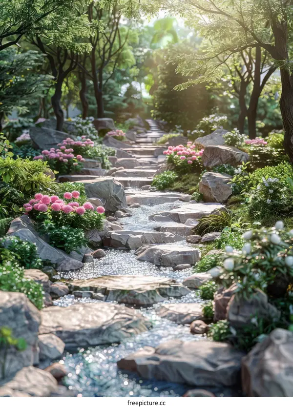 Serene Garden Path with Stream and Sunlight