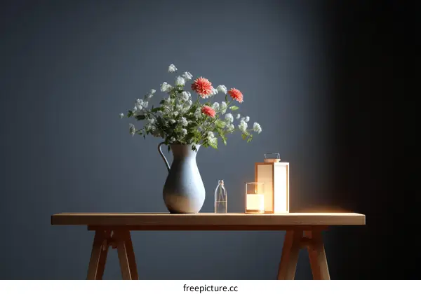 Still Life with Flowers and Lantern on Wooden Table