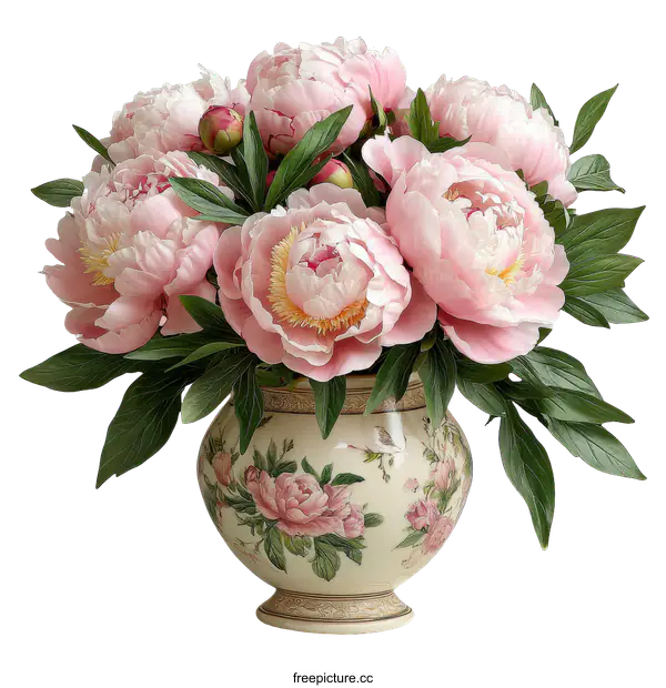 [Transparent Background PNG]Pink Peonies in Elegant Vase Illustration