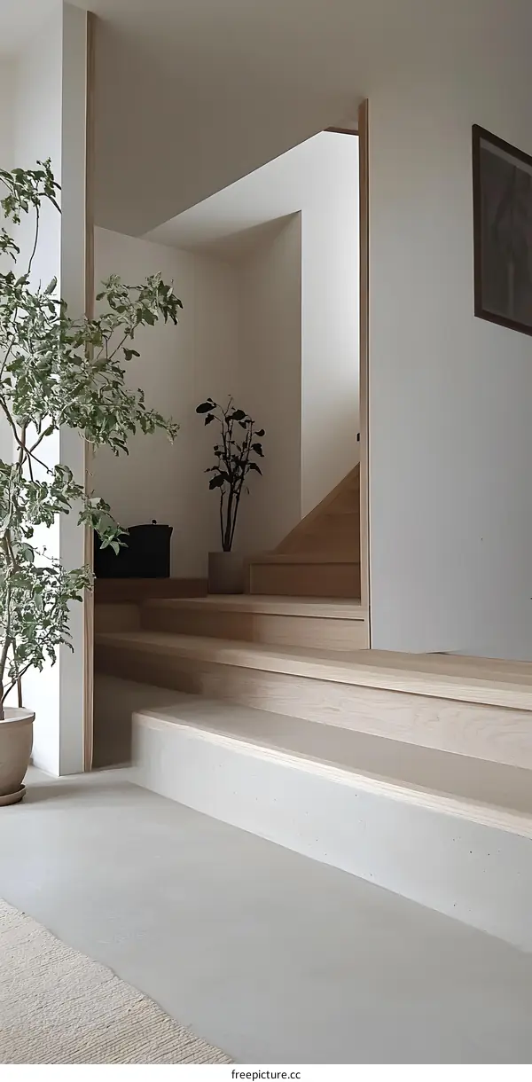 Minimalist Interior Design With Wooden Stairs And Plants
