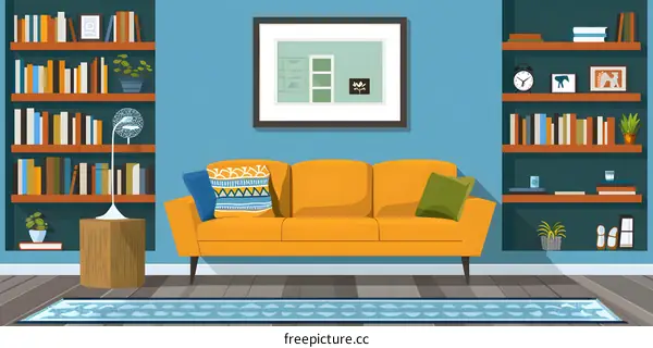Living Room Interior Design with Yellow Sofa and Bookshelves