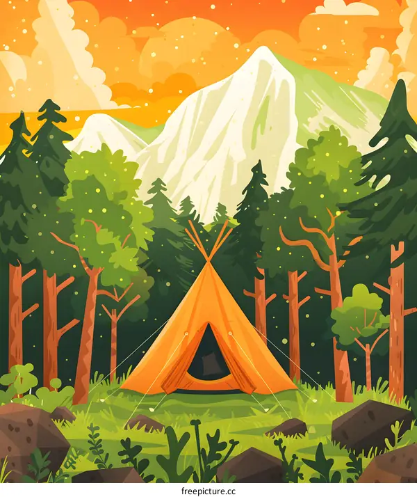 Camping Tent in a Forest With Mountains in the Background