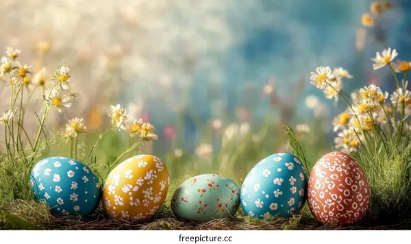 Easter Eggs Decorated in Grassy Meadow