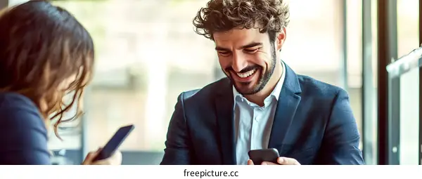 Smiling Man Looking at His Phone While Sitting in a Cafe with a Woman