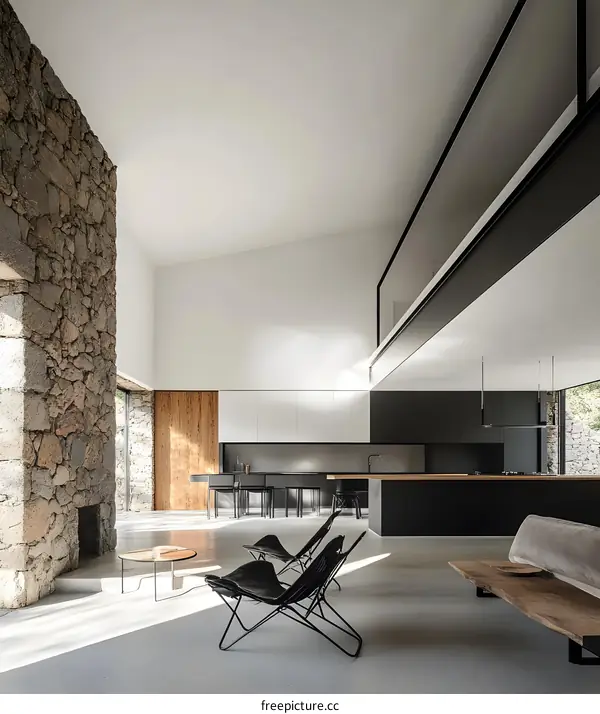 Modern Minimalist Living Room Interior Design with Stone Wall and Large Windows