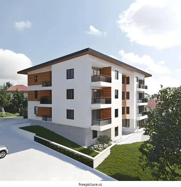 Modern Apartment Building with Balconies and Landscaping