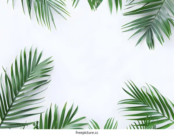 Green Palm Leaves Frame on White Background