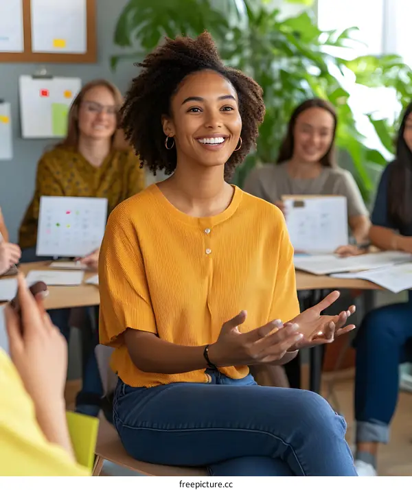 Smiling Black Woman Speaking During A Meeting