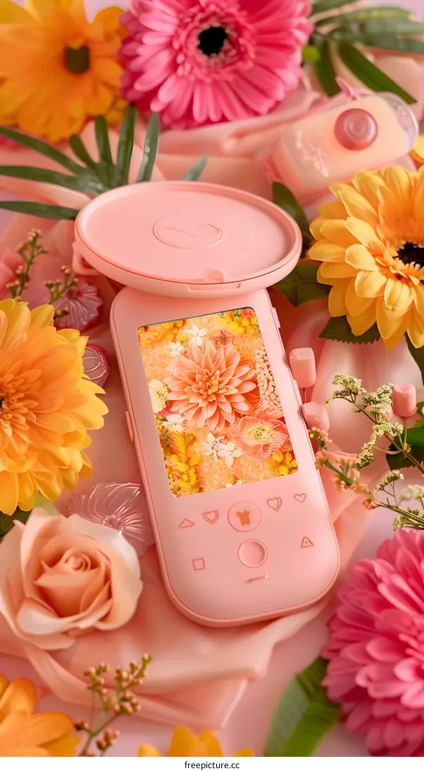 Pink Camera with Flowers Background