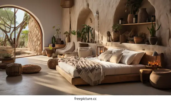 Earthen interior design featuring natural materials and curved shapes