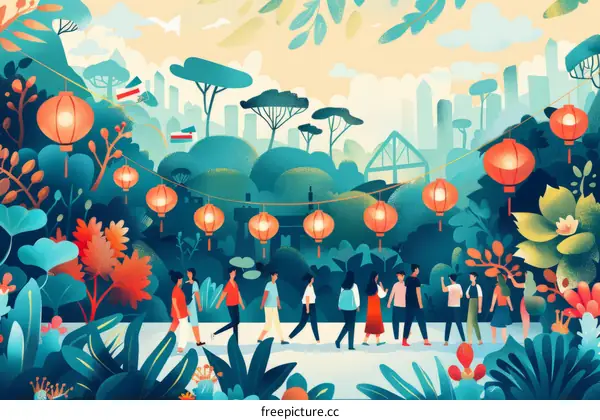 A group of people walking in a park with red lanterns hanging overhead