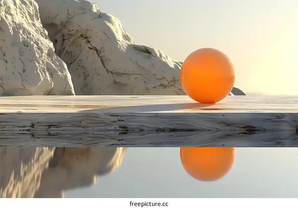 Orange sphere on a wooden platform with a rock formation background