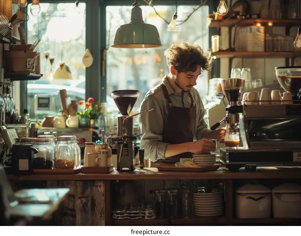 Barista making coffee in a cafe