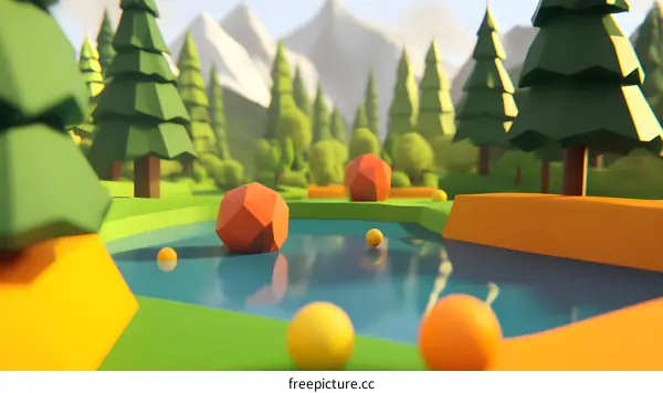 Low Poly Forest Scene with Lake and Mountains