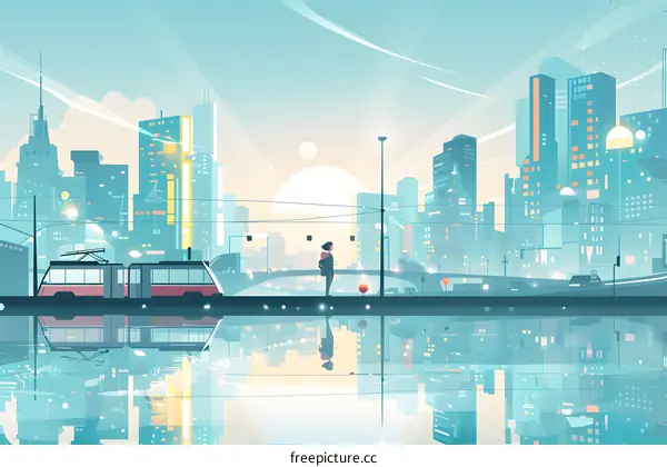 Cityscape with a Tram and a Woman