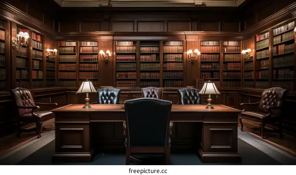 Luxurious Wood-Paneled Library with Leather Chairs and Bookshelves