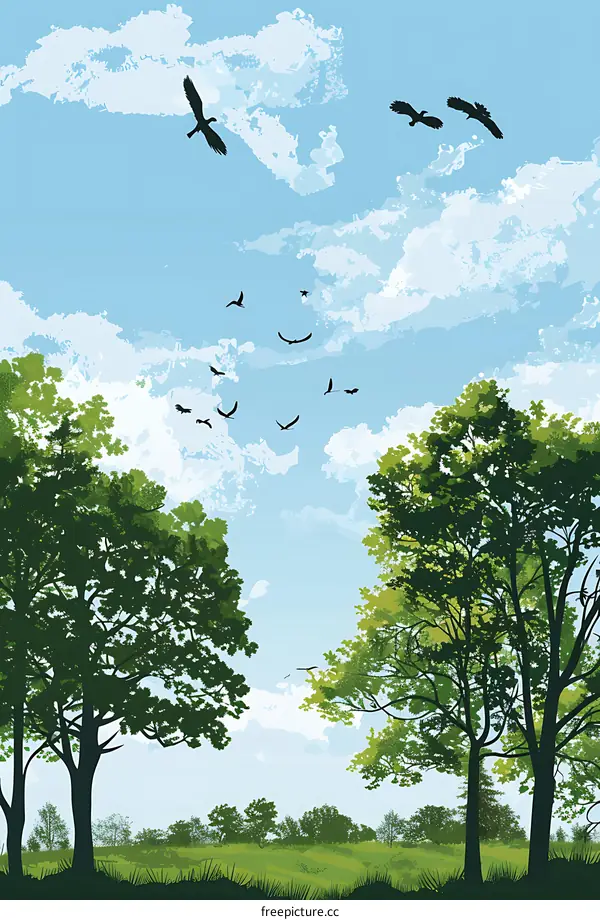 Summer Landscape with Trees and Birds