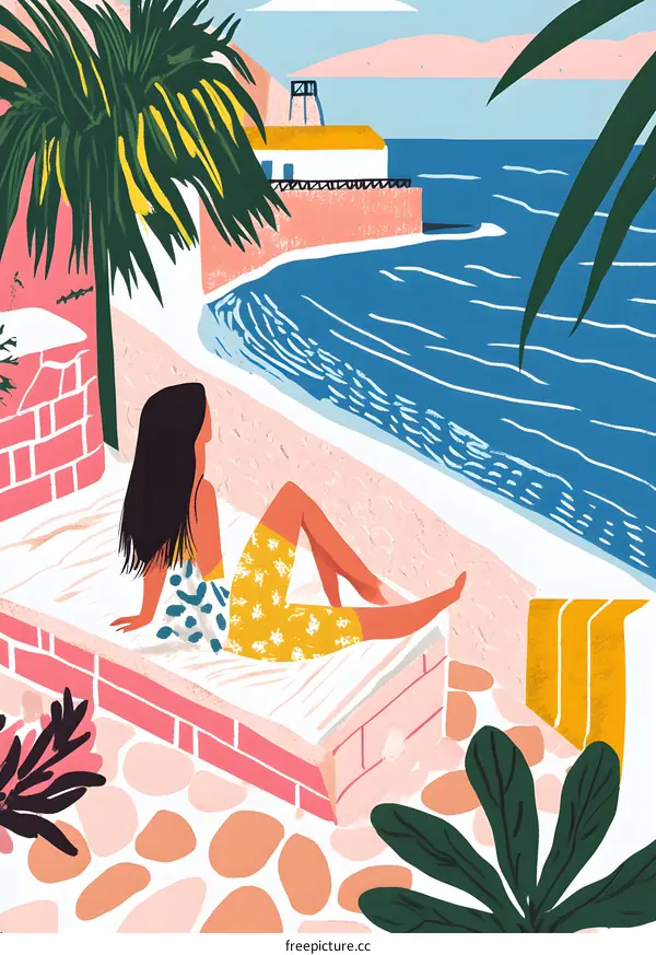 Woman Sitting On A Wall By The Sea