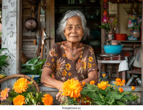 Asian Senior Woman with Flowers at a Rural Market Stall