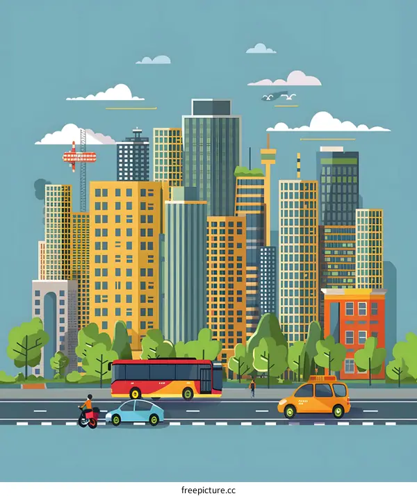 Cityscape Illustration with Buildings, Transportation, and People