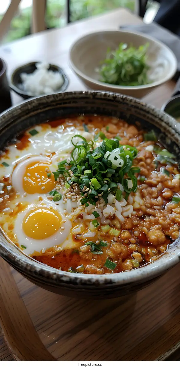 Spicy Noodle Soup with Eggs and Green Onions