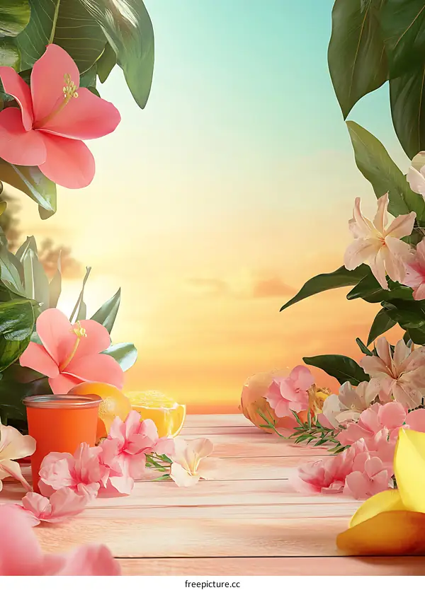 Tropical Flowers on Wooden Table with Sunset Background