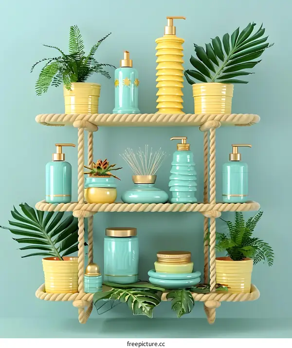 Blue and Yellow Minimalist Bathroom Shelf with Plants