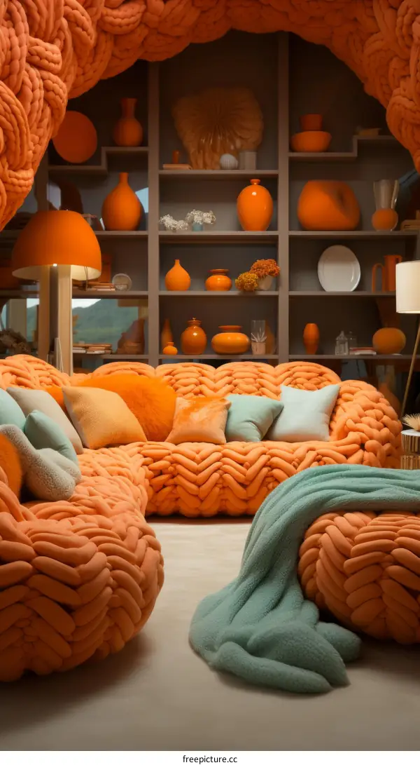 Large Orange Sectional Sofa with Green Accent Blanket in Stylish Living Room