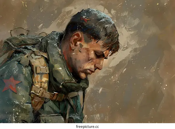 Portrait of a soldier wearing a military uniform with a red star on his shoulder